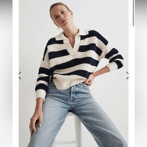 Madewell Waffle-Knit Henley Sweater in Antique Cream Stripe